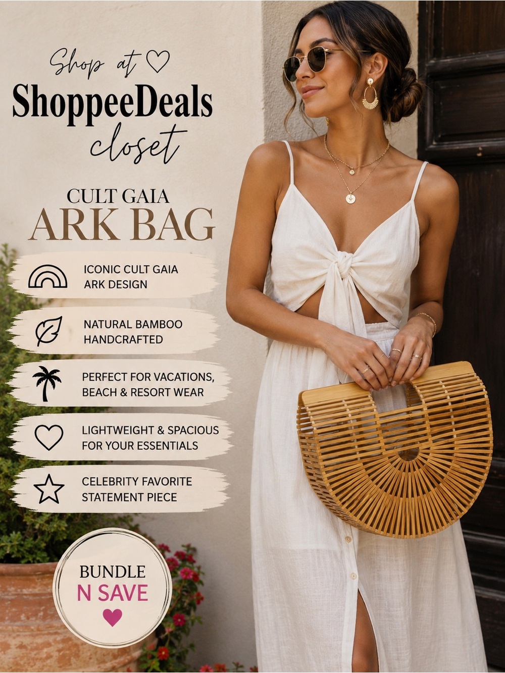 Cult Gaia Bamboo Ark Handbag Clutch Purse Natural Bamboo Architectural Bag